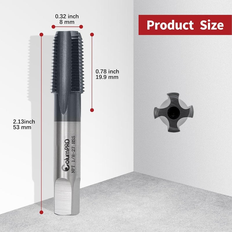 ColumPRO 1/8”-27 NPT Pipe Tap, High-Speed Steel Thread Tap with AD+ Coating, Heavy-Duty Threading Tool for Stainless Steel, Brass, PVC, Metal - Image 3